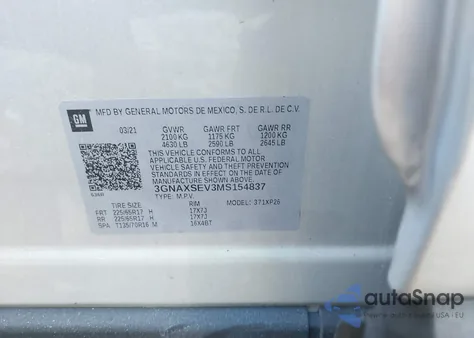 2021 Chevrolet Equinox Awd Ls z USA, uszkodzony, nr VIN 3GNAXSEV3MS154837